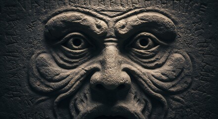 Carved stone mask ancient face dark gray sculpture