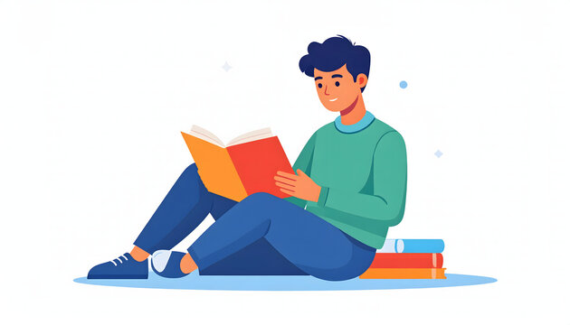 A young man is sitting and reading a book with an orange cover, enjoying his leisure time.