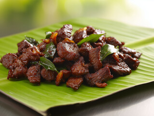 Delicious kerala beef fry garnished with curry leaves and spices on banana leaf