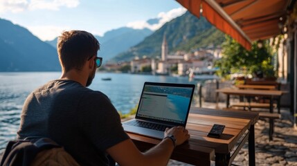 Remote work enthusiast enjoying scenic views at lake como italy lifestyle photography serene environment relaxed viewpoint