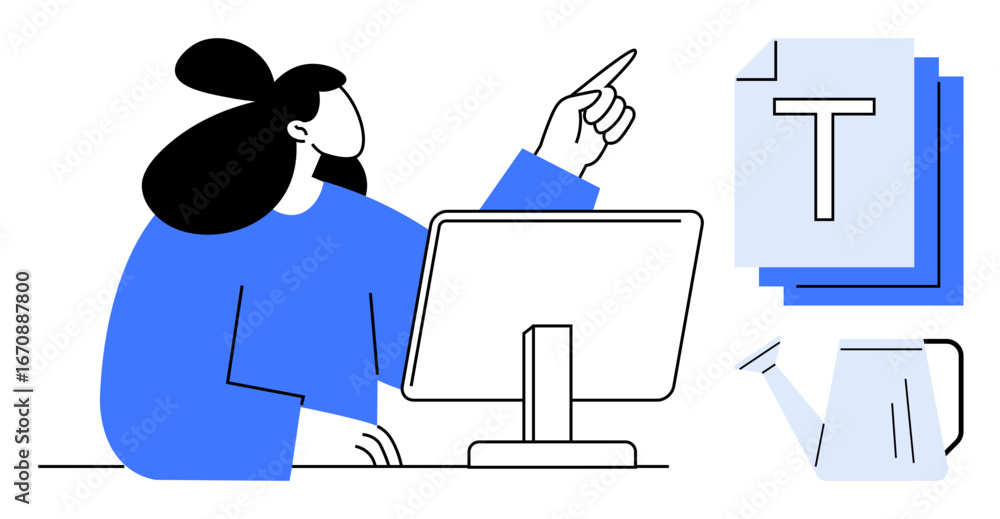 Poster woman at desk interacting with computer, gesturing towards text document stack and kettle. ideal for