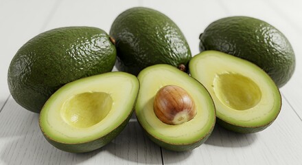 Fresh Green Avocado Halves with Seed on White Wooden Table