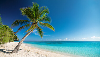 Obraz premium a beach scene featuring tall palm tree against a backdrop of crystal blue water the sandy shore and the bright sun relax in the tropical paradise travelling concept generative ai