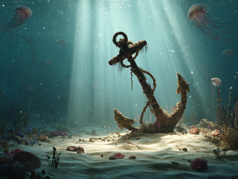Rusty anchor resting on the ocean floor with jellyfish swimming above