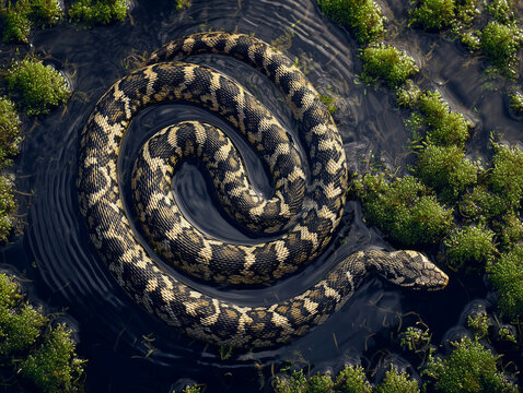 Diamond python coiled in water with algae