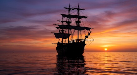 Sunset silhouette of a vintage sailing ship at sea