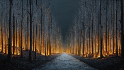 A pathway through a fiery forest at night