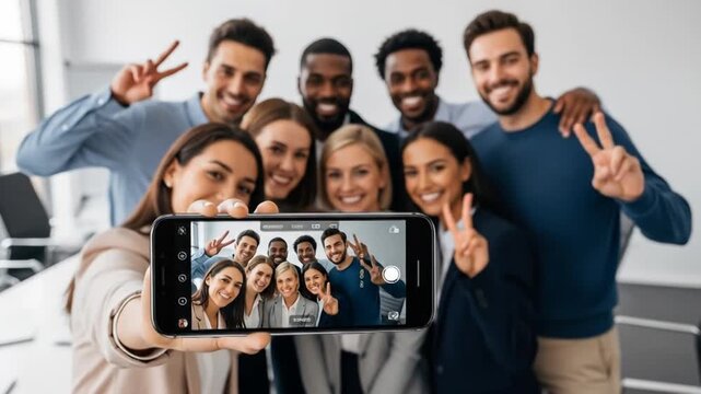 Diverse team taking a cheerful selfie, showing unity and success