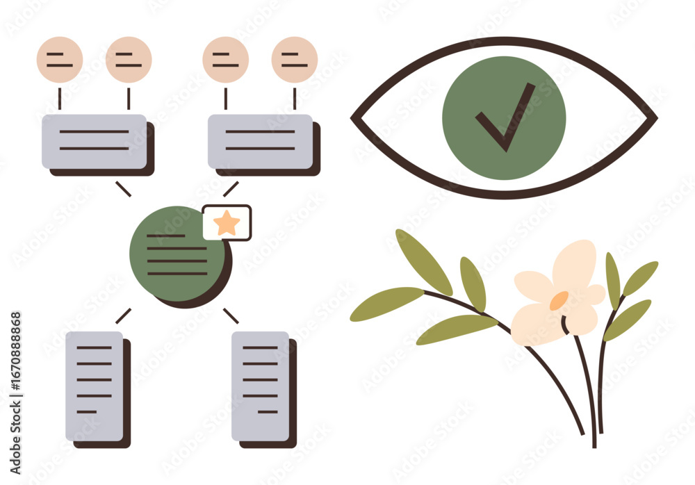Poster workflow chart with hierarchical nodes and connections, eye with checkmark symbolizing clarity, and 