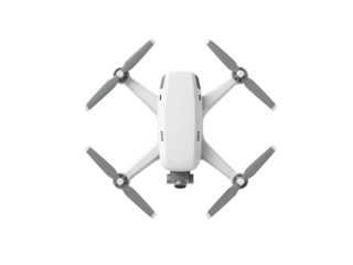 Modern white drone with four propellers viewed from directly above isolated on transparent background