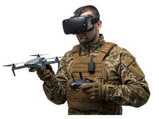 Fototapeta premium Soldier wearing virtual reality headset operating a drone with a controller in his hands isolated on transparent background