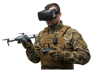 Soldier wearing virtual reality headset operating a drone with a controller in his hands isolated on transparent background