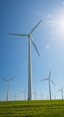 Fototapeta premium A field of wind turbines under a clear blue sky with the sun shining brightly in the distance above