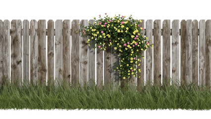 Fototapeta premium Rustic wooden fence adorned with vibrant cascading flowers and lush grass perfect for spring garden designs or charming backyard scenes