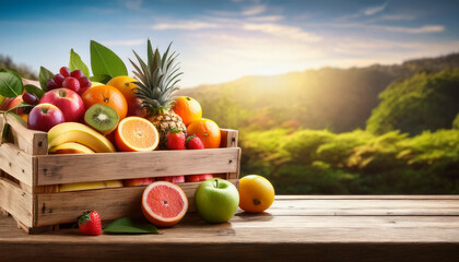 fresh fruits in wooden crate arrangement on rustic background