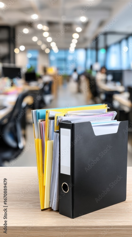 Aufkleber organized filing system at a modern office space displaying various colored documents in a binder on