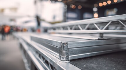 Medium shot of sleek aluminum event stage platforms with sharp focus blurred background highlighting durable construction for versatile event setups.