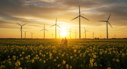 Couple standing in a field of yellow flowers with wind turbines at sunset in the background view scenery
