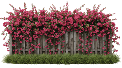 Stunning pink cascading flowers adorn rustic wooden fence, bringing cottage charm and timeless beauty to any spring or summer garden scene