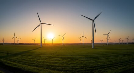 Wind turbines in a field at sunset creating renewable energy for a sustainable future landscape view