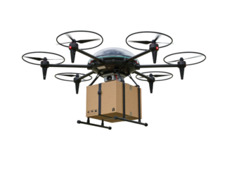 Modern octocopter drone carrying a cardboard package for aerial delivery and logistics services isolated on transparent background