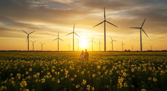 Couple standing in a field of yellow flowers with wind turbines at sunset in the background view scenery