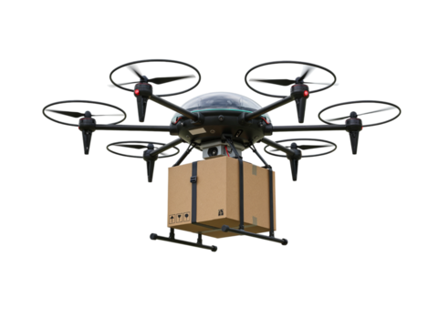Modern octocopter drone carrying a cardboard package for aerial delivery and logistics services isolated on transparent background
