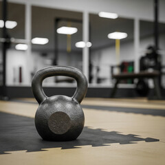 Fototapeta premium A heavy black kettlebell resting on a padded gym floor, representing strength training, workout routines, and fitness equipment in exercise environments. 