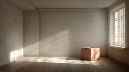 Fototapeta premium Empty Nordic-style space featuring light wood flooring, tall sunlit window, and a central cardboard box.