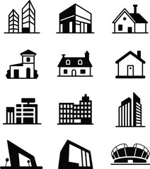 Modern building icon set, residential house vector, urban skyline, architectural elements, office, home, cityscape, silhouette style illustrations