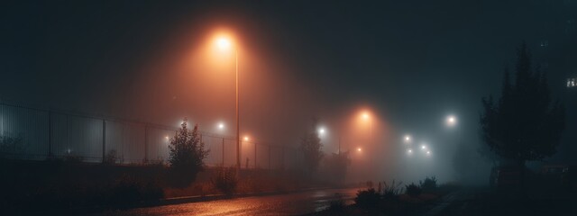 Streetlights partially hidden by dense fog, their glow forming eerie halos in the mist