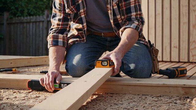 Construction worker measures wood for deck building in outdoor space during the day