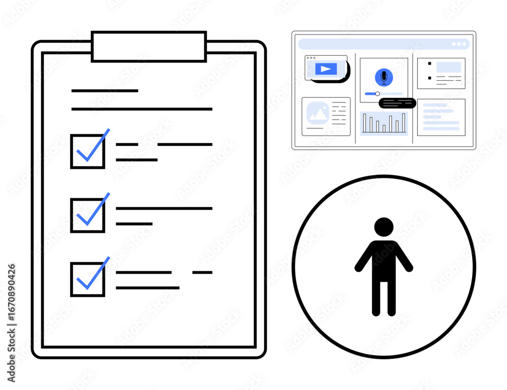 Aufkleber clipboard checklist with checkmarks, analytics dashboard, and human symbol in a circle. ideal for pr