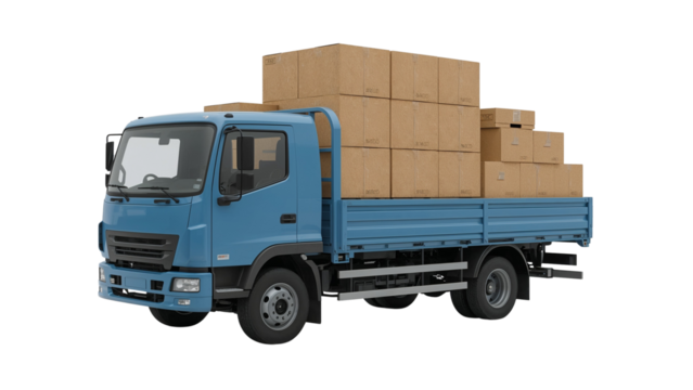 Reliable blue delivery truck transporting cardboard boxes for efficient shipping and logistics solutions, perfect for supply chain management visuals