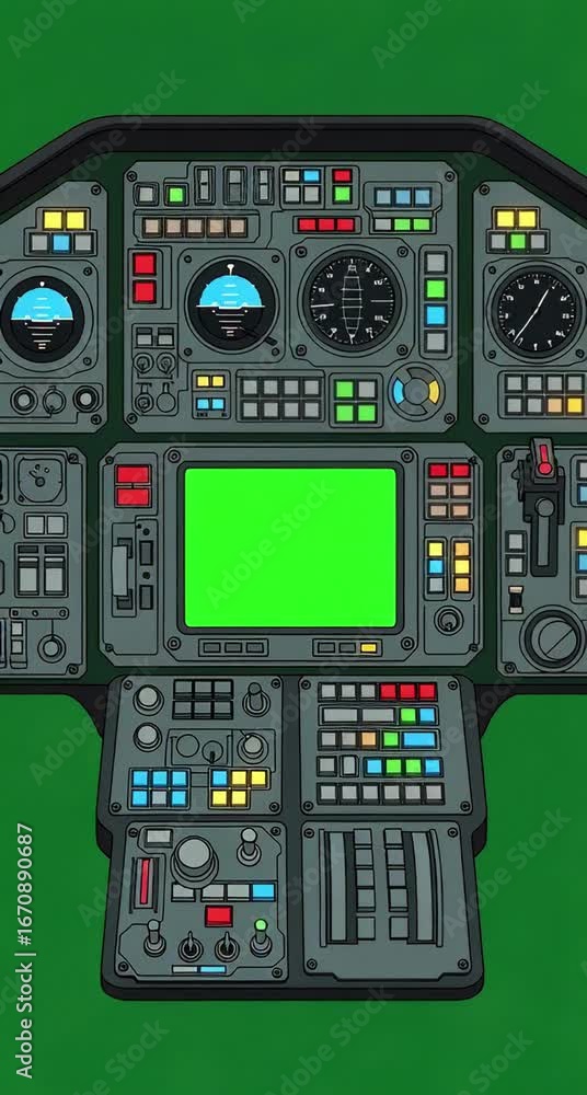 Poster cartoon spaceship cockpit animation with green screen for adding custom footage and details, perfect