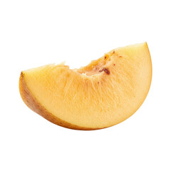 Juicy peach slice with a bite taken, perfect for summer recipes and healthy eating promotions