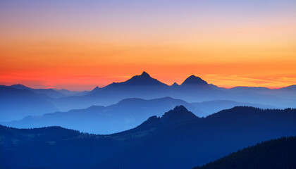 Obraz premium a vector landscape artwork depicting blue mountains beneath an orange and yellow sky