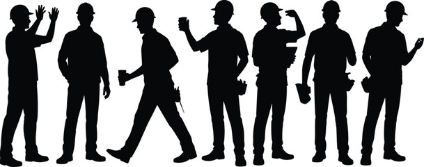 Silhouette of construction workers on break, drinking coffee, talking, standing, walking, teamwork, helmet safety, labor workforce, industrial site scene.