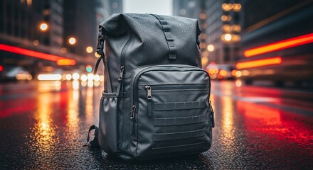 Black backpack on wet city street with blurred lights travel and urban exploration