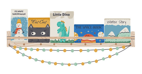 Children shelf with cute book cover in front view. Kids bookshelf with pompom garland © Yulia Zelinskaya