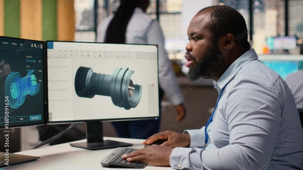 Poster engineer in office working on wind turbine cad design to develop technology improving environmental 