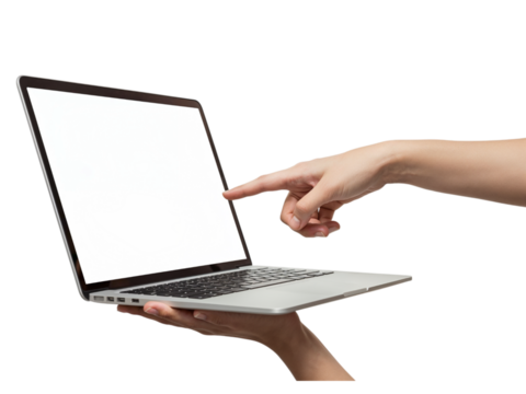 Human hand touching the screen of an open laptop computer with a bright display isolated on transparent background