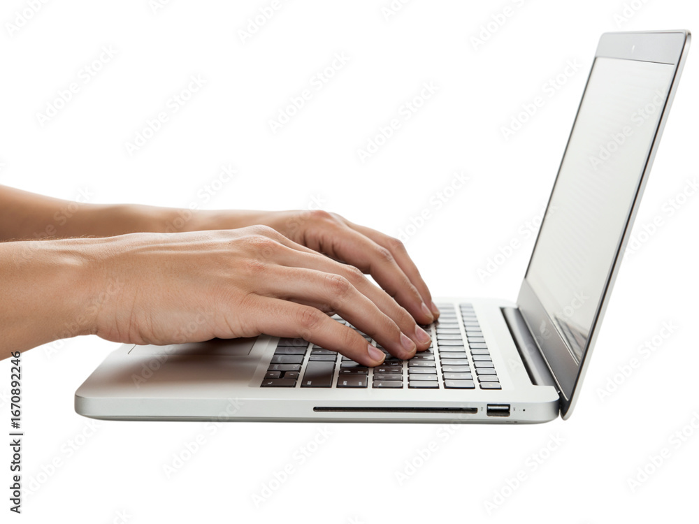 Poster close up side view of hands typing on a modern silver laptop keyboard isolated on transparent backgr