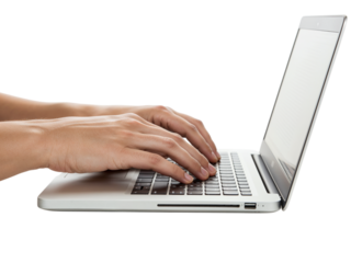 Close up side view of hands typing on a modern silver laptop keyboard isolated on transparent background