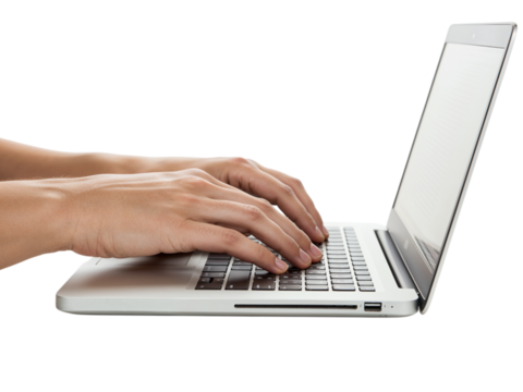 Close up side view of hands typing on a modern silver laptop keyboard isolated on transparent background