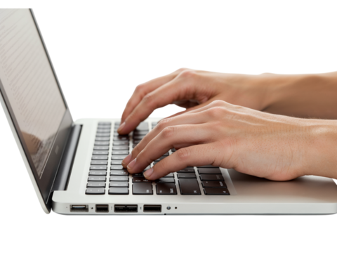 Close up of a person s hands typing on a modern silver laptop keyboard isolated on transparent background - Powered by Adobe