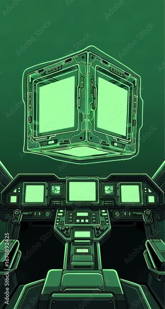 Poster futuristic spacecraft interior featuring advanced technology and a glowing cube above the dashboard 