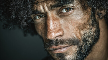 Obraz premium Attractive Afro man, 28-35 years old, with a light beard, neutral gray background