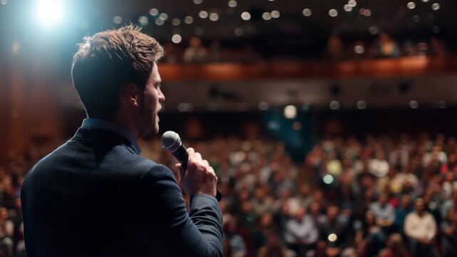 Male presenter stands confidently on stage, addressing a captivated audience in a spacious auditorium filled with bright lights and anticipation