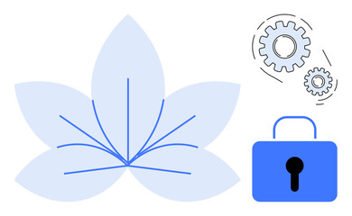 Abstract flower with blue petal outlines, two interlocking gears, and a locked padlock. Ideal for technology, security, innovation, protection, balance, harmony mindfulness simple flat metaphor
